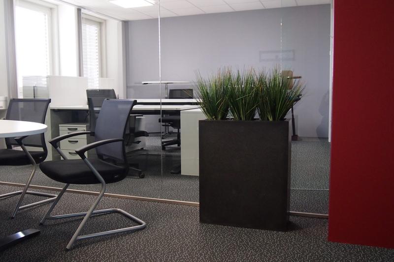Innenbergünung mit künstlichen Gräser als Raumteiler in einem Büro.