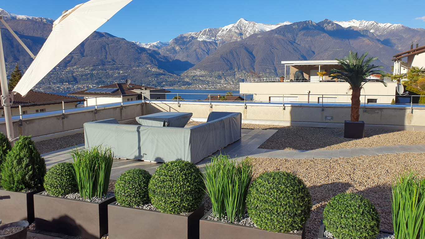 Wetterfeste Kunstpflanzen Gräser und Buchsbaumkugeln als pflegeleichte Terrassenbepflanzung in der Schweiz.